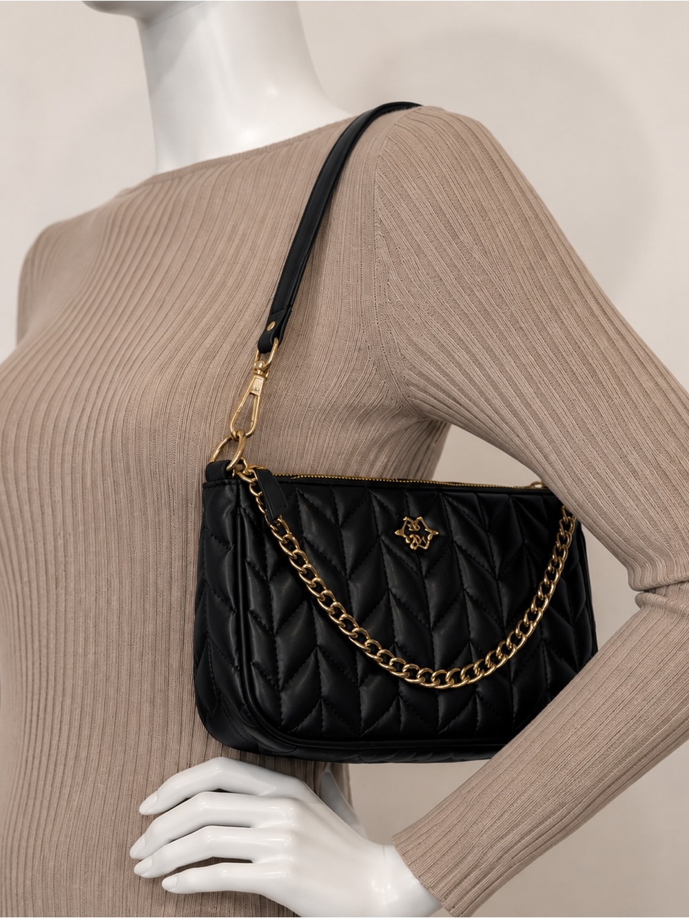 Nanette Lepore Black Quilted Shoulder Bag with Gold Chain